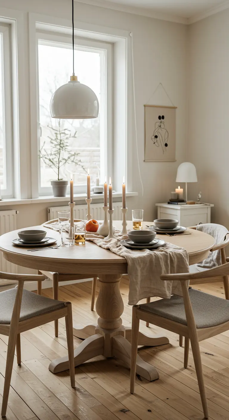 Table ronde en bois clair, vaisselle grise minimaliste, bougies blanches, ambiance scandinave.