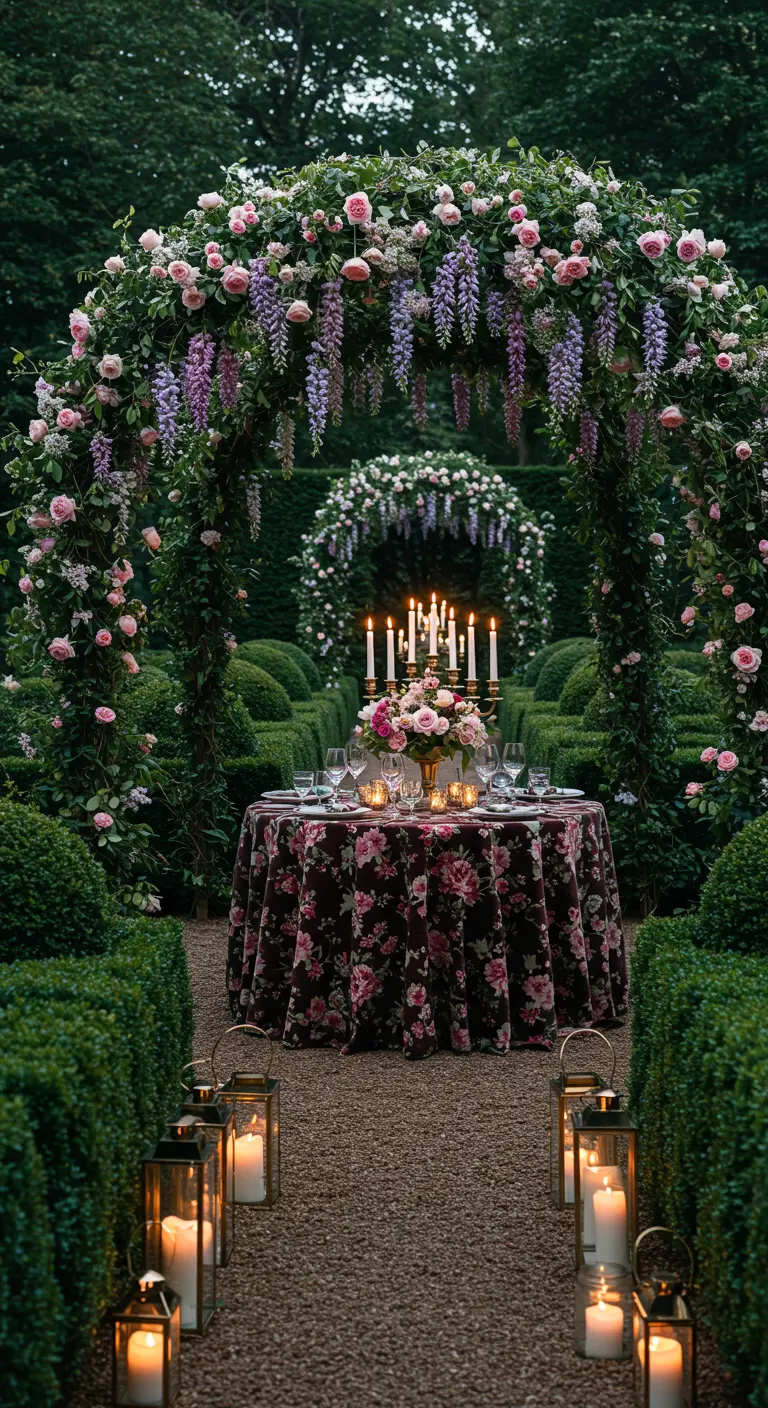 Dîner zen sous les cerisiers en fleurs, avec lampions, tables basses, coussins et bougies.