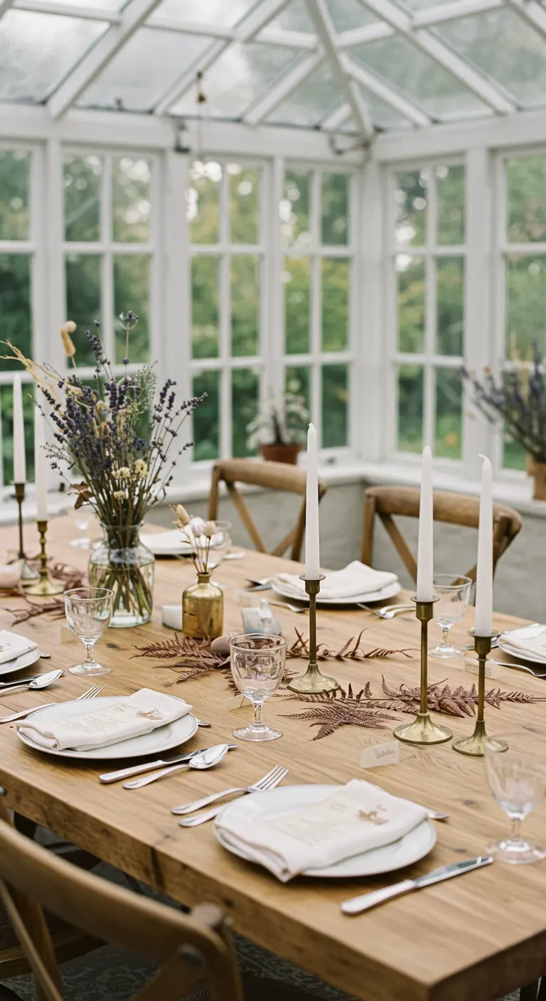 Table en bois dans une véranda avec bougeoirs en laiton, lavande séchée et fougères.