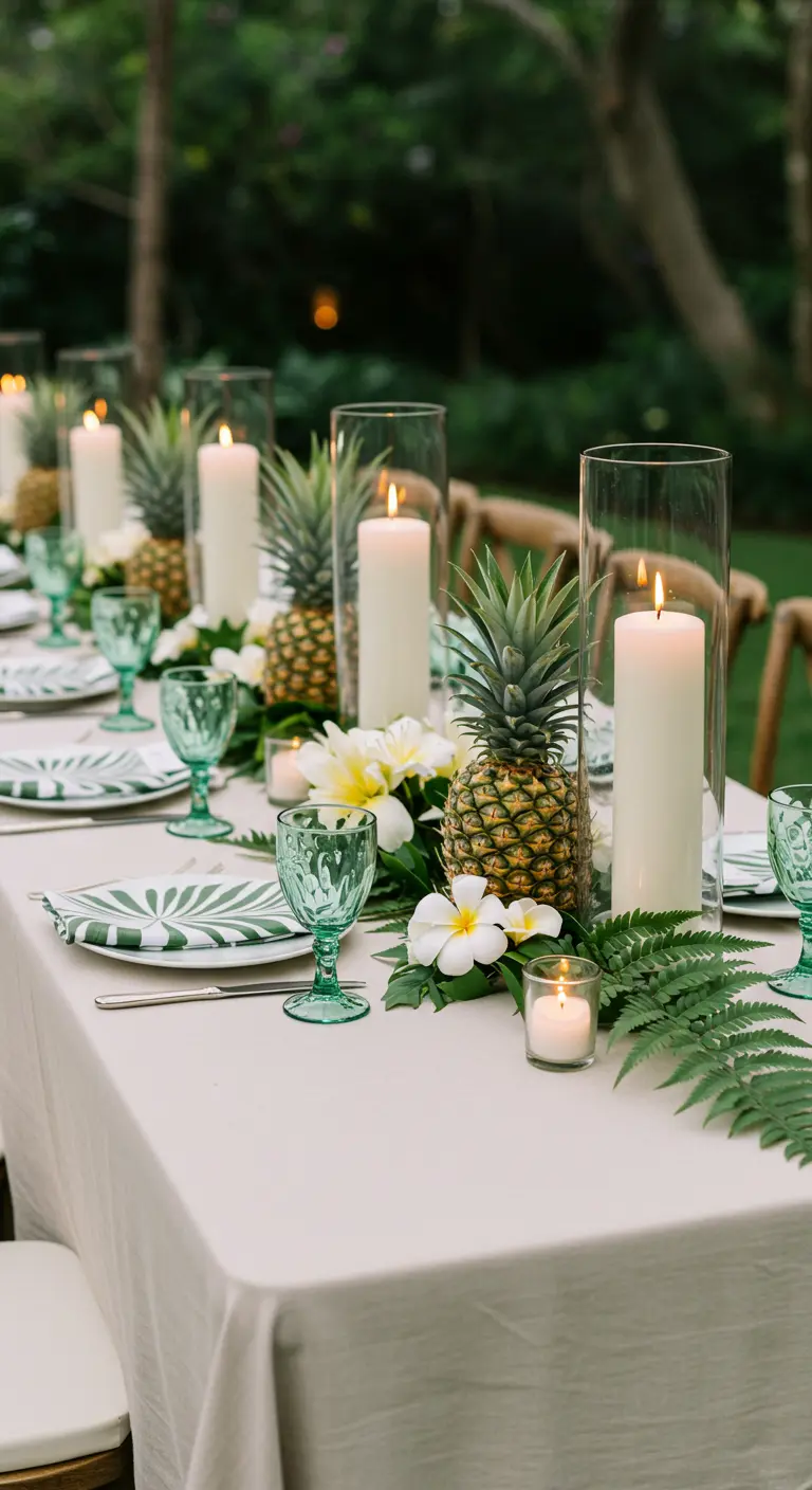 Longue table avec chemin de table beige, ananas, bougies en verre, fougères, fleurs blanches et verres verts.