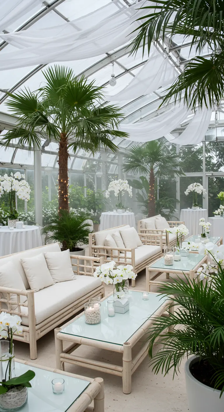 Serre lumineuse avec mobilier en bambou blanc, palmiers, orchidées et voilages au plafond.