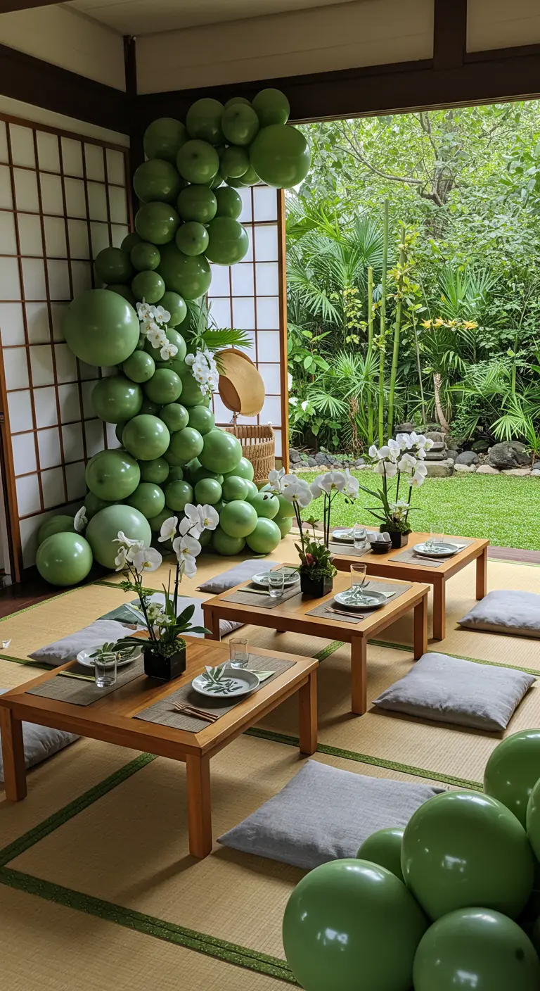Ambiance zen avec tables basses, ballons verts et orchidées blanches.