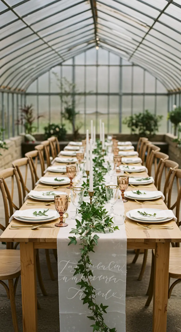 Longue table de mariage dans une serre, décorée d'une simple guirlande de lierre.