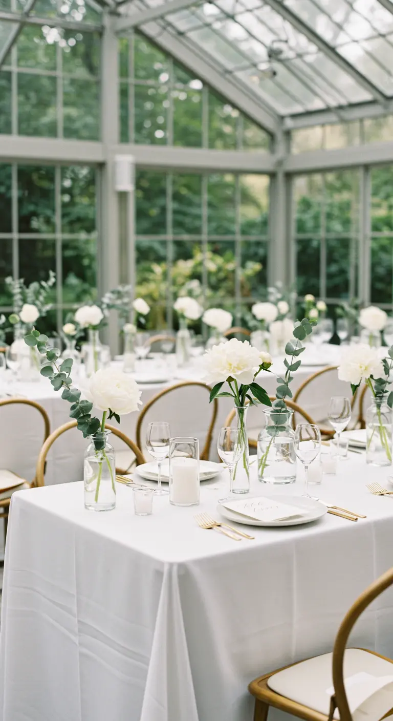 Tables de mariage dans une serre avec pivoines blanches et eucalyptus dans des vases en verre.
