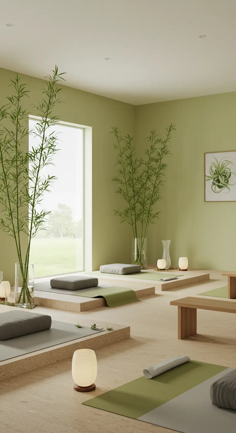 Salle de méditation minimaliste avec bambous en vases et coussins verts au sol, éclairage doux.