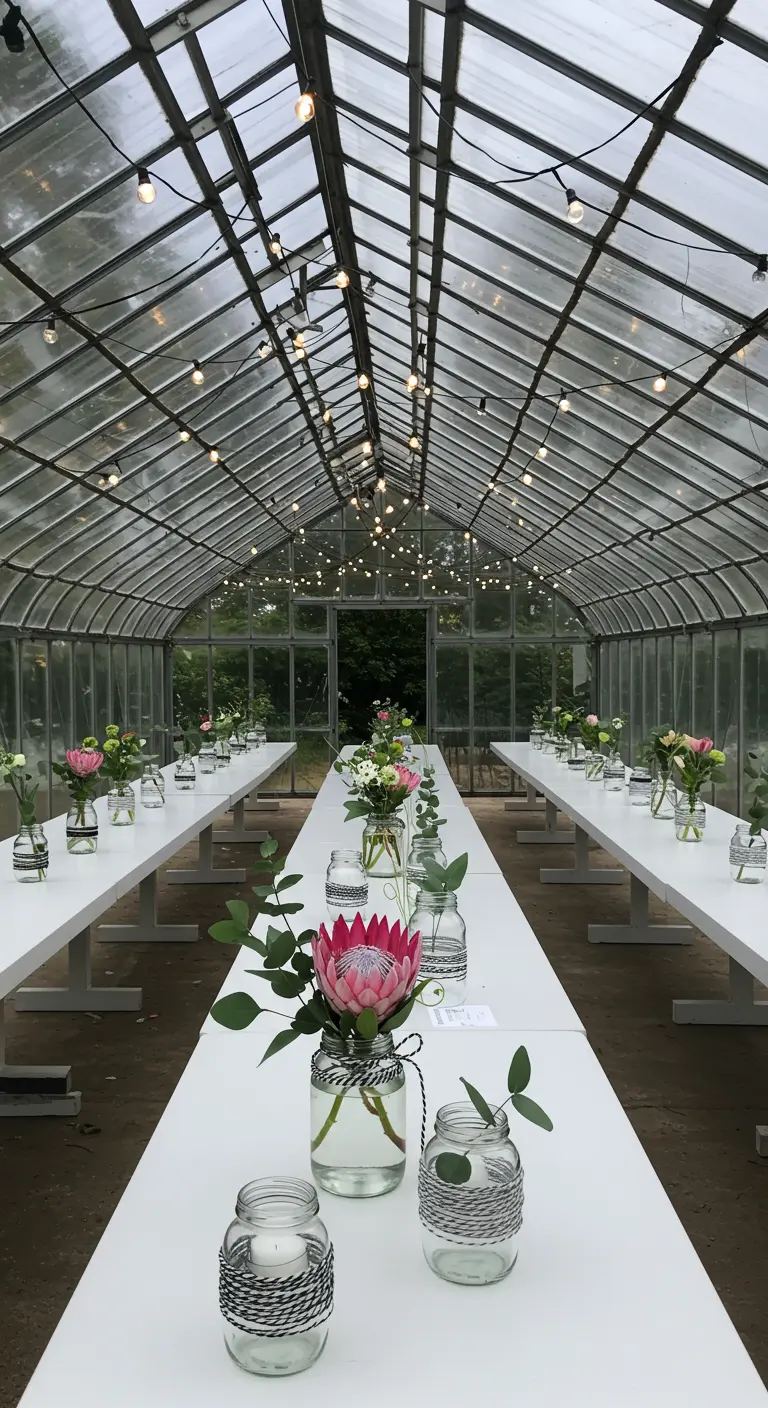 Mariage dans une serre, longues tables blanches, bocaux avec fleurs uniques et ficelle.