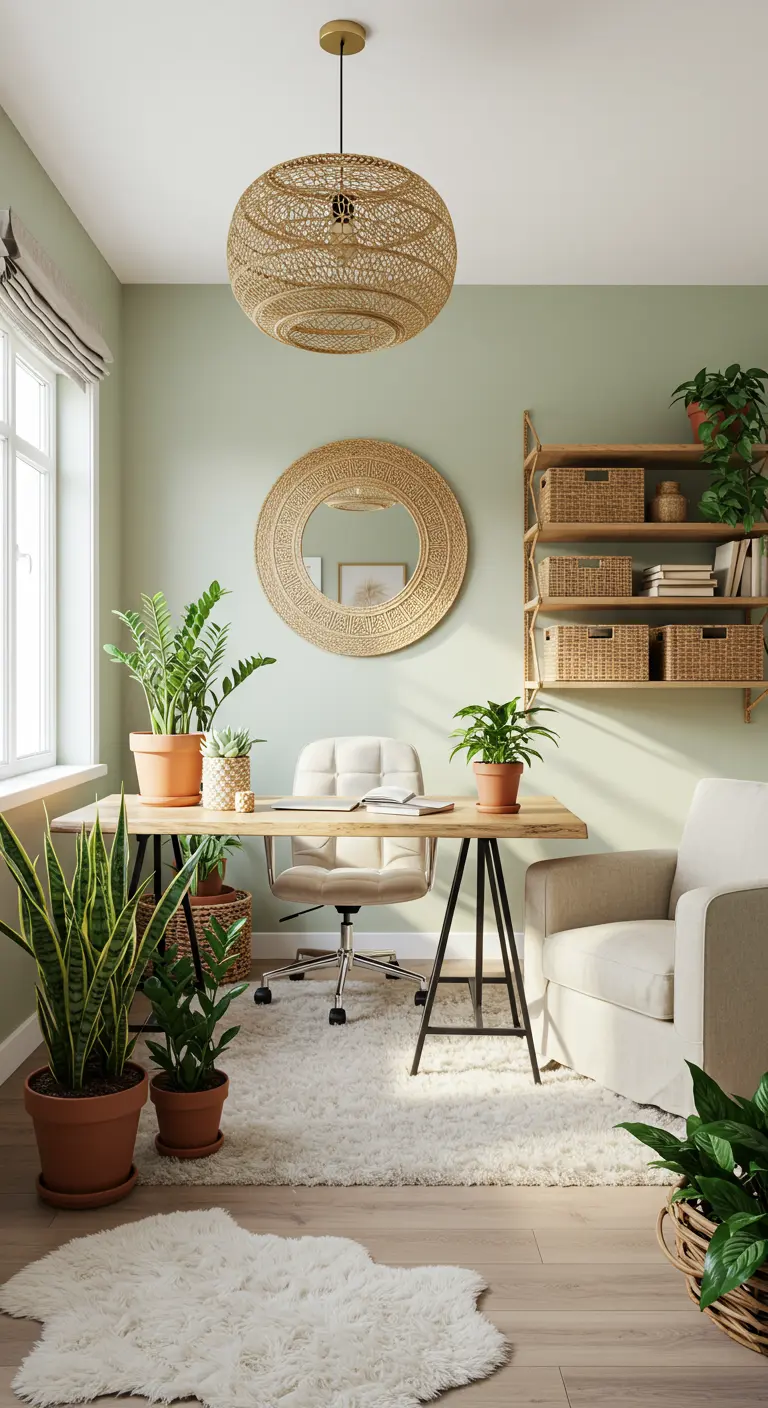 Bureau aux murs vert clair, bureau en bois, de nombreuses plantes, miroir rond en rotin et tapis blanc.