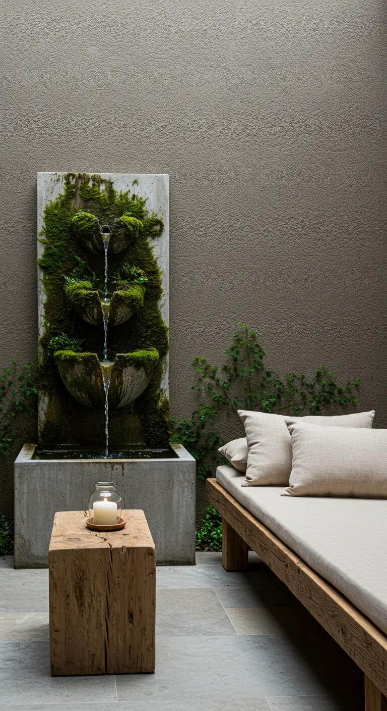 Coin zen avec une fontaine en béton couverte de mousse et un lit de jour en bois.