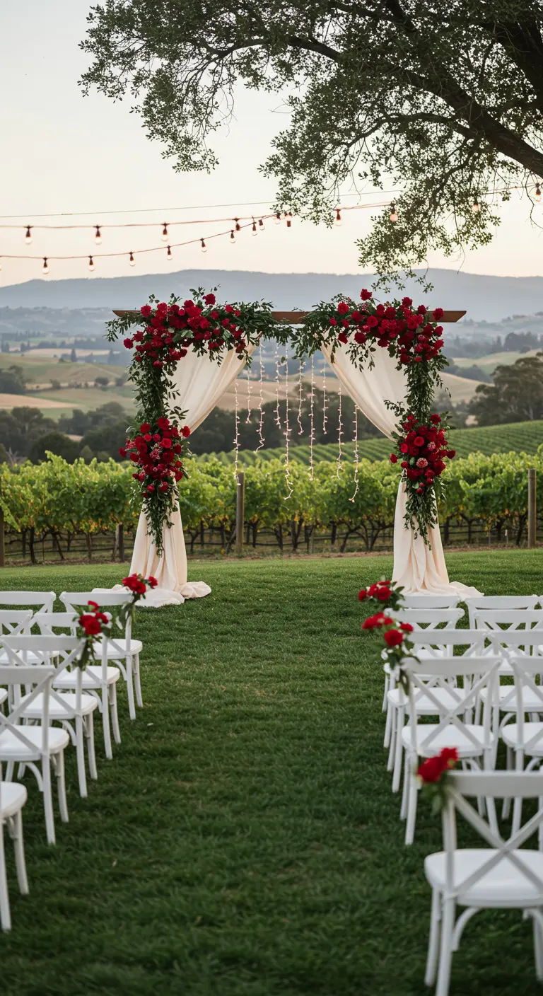 Arche en bois et drapés crème avec roses rouges dans un vignoble, guirlandes lumineuses.