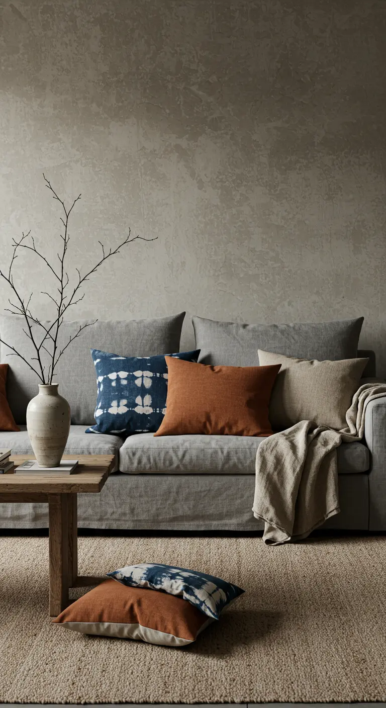 Canapé gris en lin avec des coussins indigo (shibori), terracotta et beige, ambiance wabi-sabi.