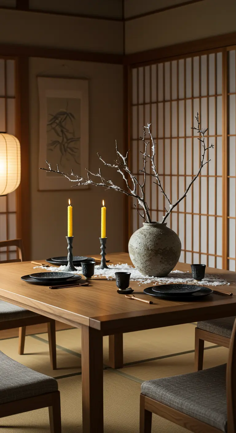 Centre de table d'inspiration japonaise avec branche enneigée et bougies jaunes.