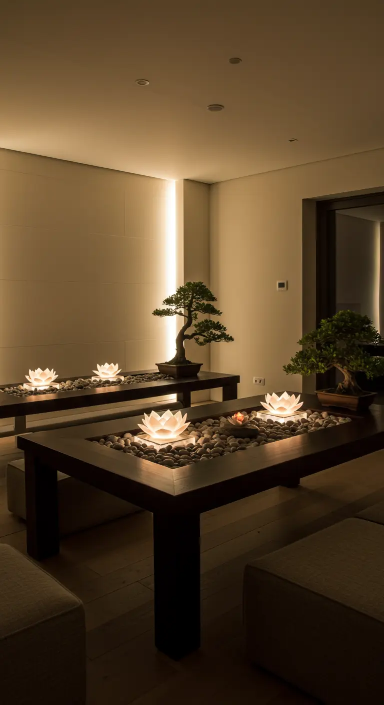 Tables basses zen avec fleurs de lotus lumineuses, galets et bonsaïs dans un intérieur minimaliste.