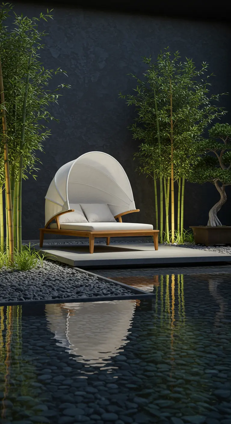 Transat à baldaquin blanc dans un jardin zen avec bambous et pierres, au bord d'une pièce d'eau.