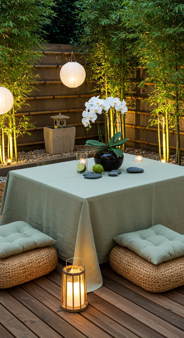 Jardin zen avec table basse, coussins de sol, orchidée, lanternes japonaises et bambous.