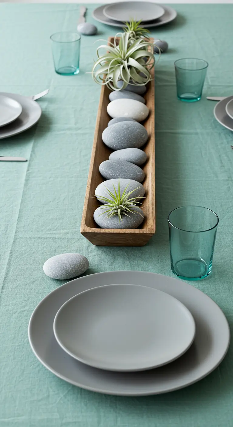 Centre de table zen avec des galets lisses et des plantes aériennes dans un plat en bois.