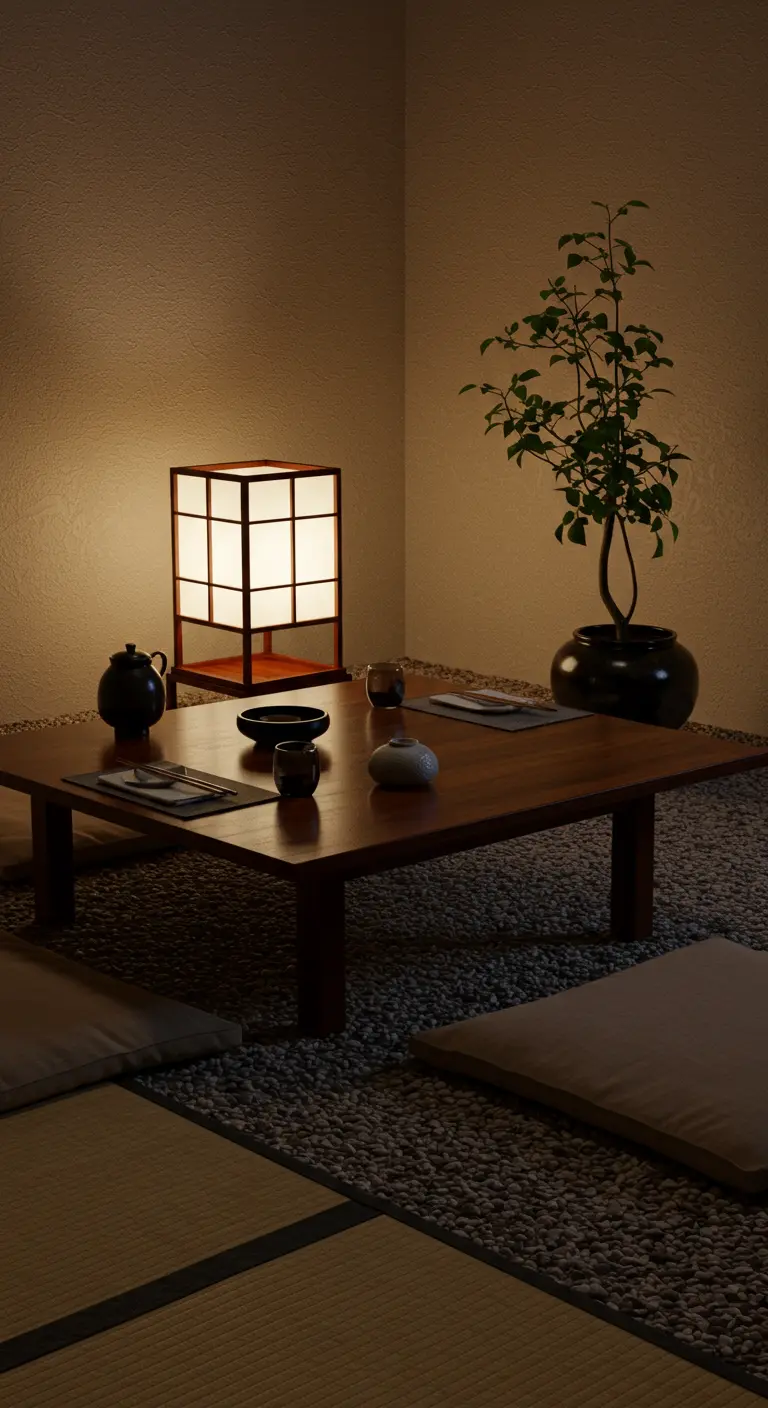 Lanterne japonaise en papier et bois sur une table basse pour une ambiance zen.