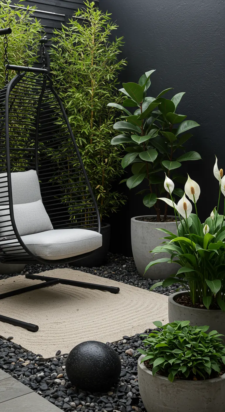 Fauteuil suspendu noir dans un jardin zen avec sable ratissé, bambou et plantes.