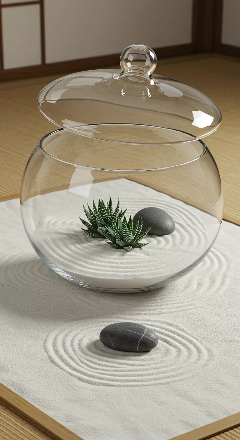 Terrarium bol en verre avec succulente épineuse, galets, sur un jardin zen en sable ratissé.