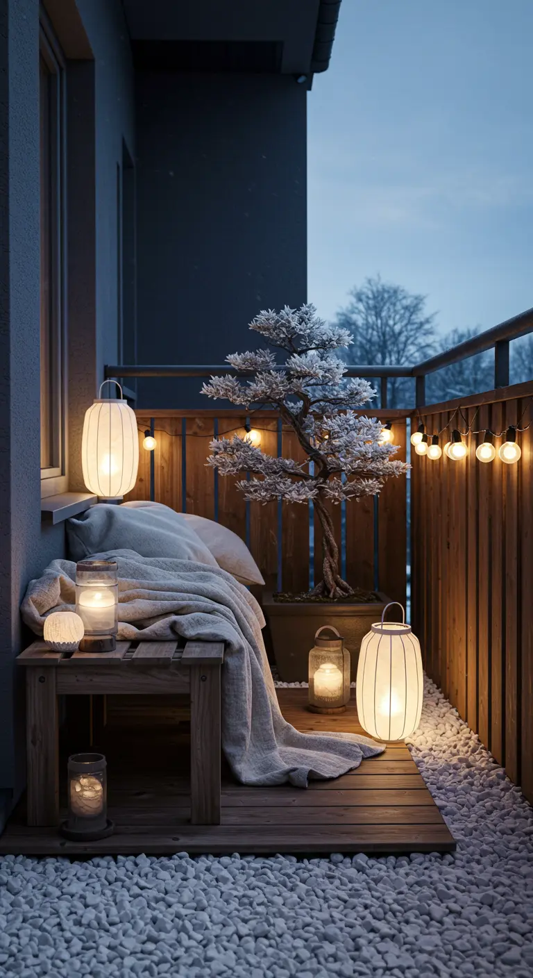 Balcon zen avec gravier, banc en bois, bonsaï givré et lanternes en papier. 