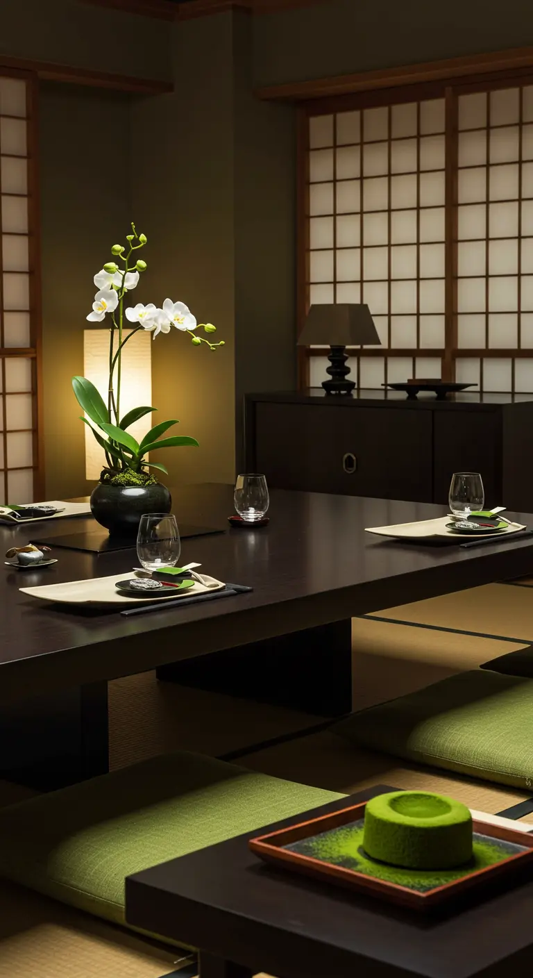 Table basse japonaise avec orchidée blanche, shoji, coussins verts, ambiance sereine.