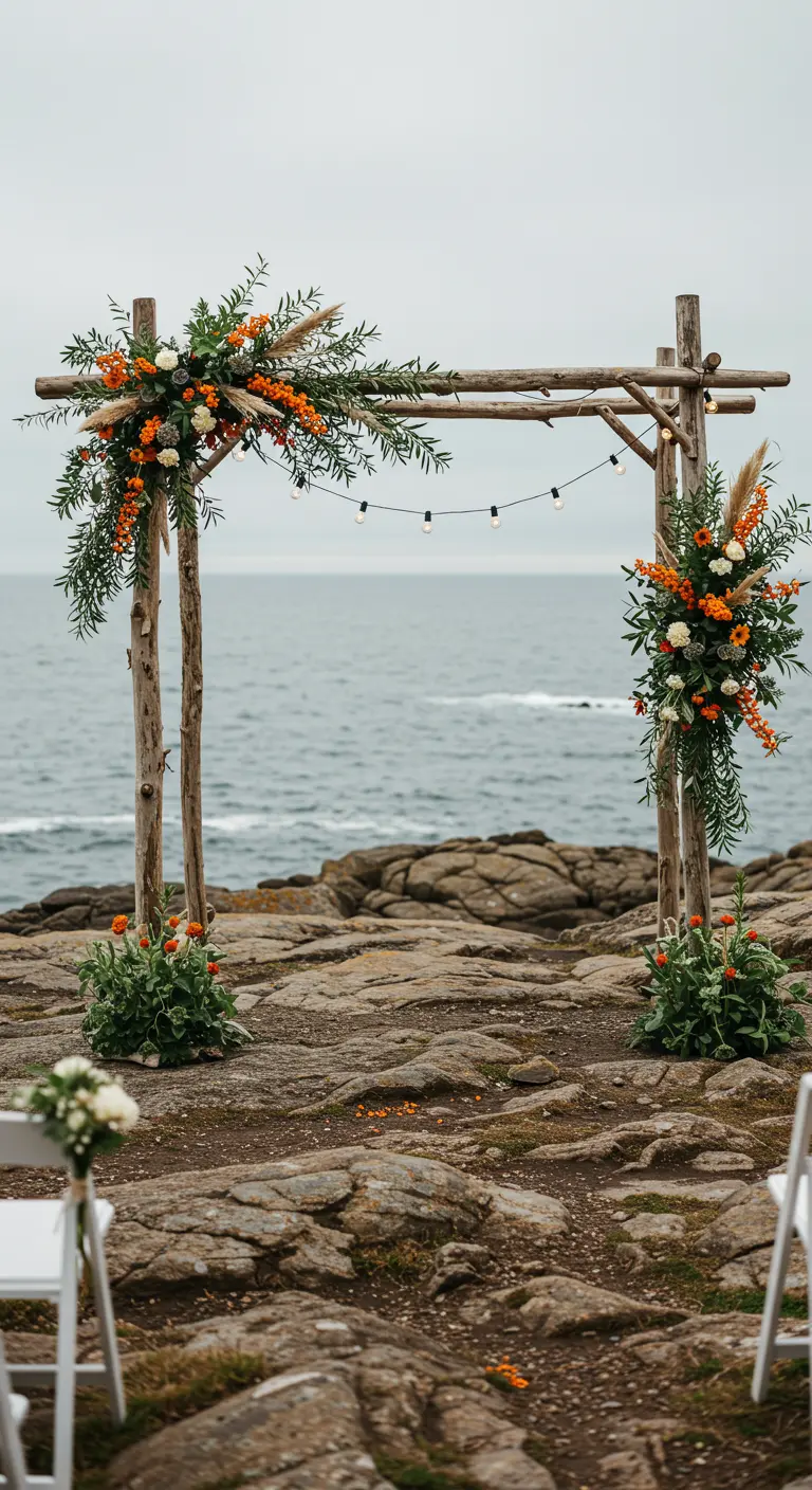 Arche de mariage rustique en bois flotté sur une côte rocheuse face à la mer.