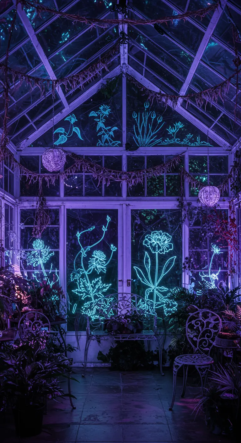Serre avec contours botaniques néon lumineux violets et turquoises sur les vitres.