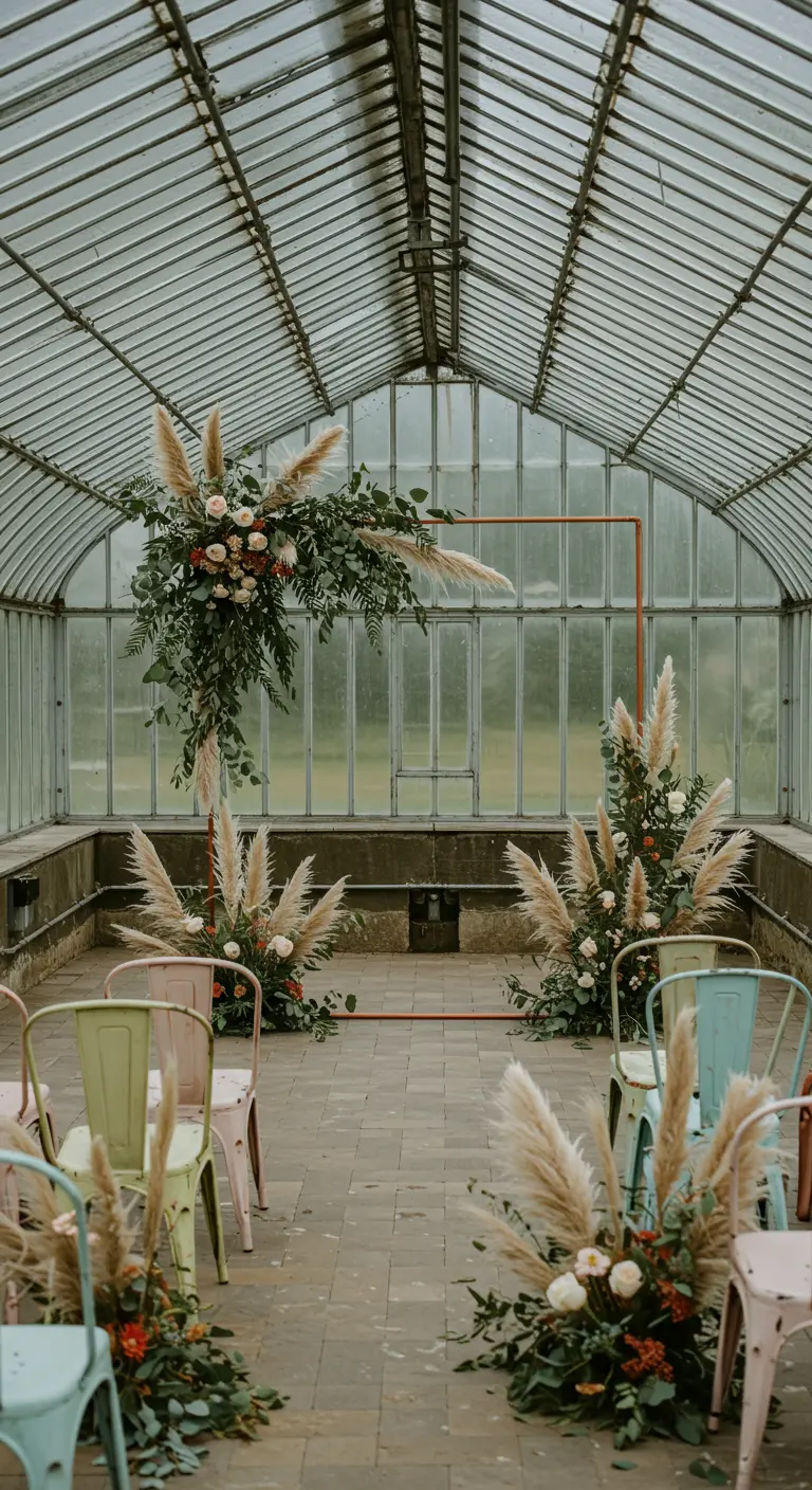 Cérémonie dans une serre avec une arche cuivrée et des chaises colorées.