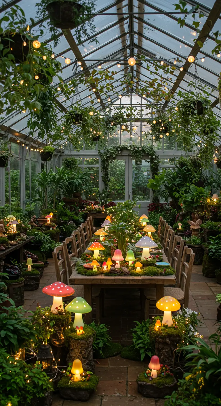 Serre luxuriante avec une longue table en bois, décorée de nombreux champignons lumineux colorés et de guirlandes.