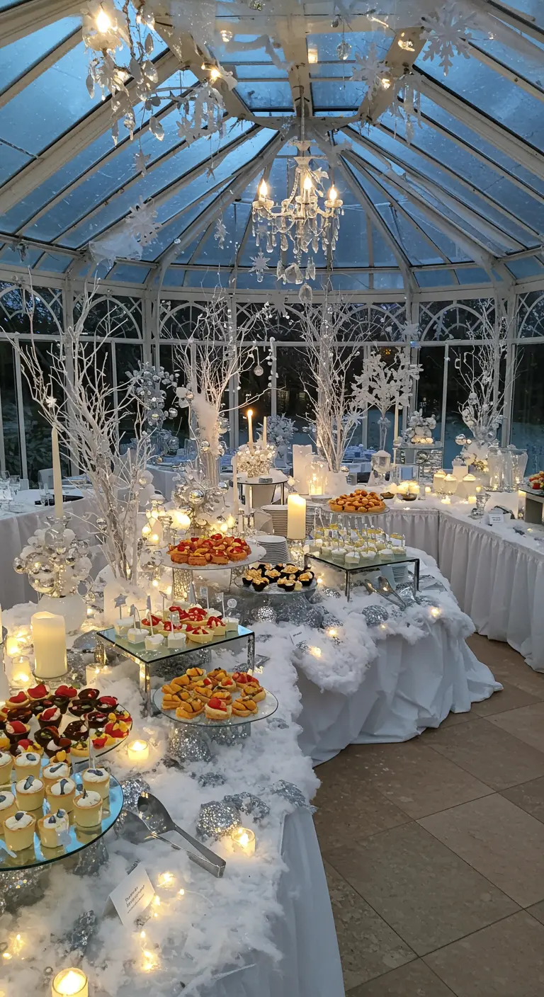 Buffet dans une serre d'hiver, branches givrées, lumières féeriques, chandeliers.