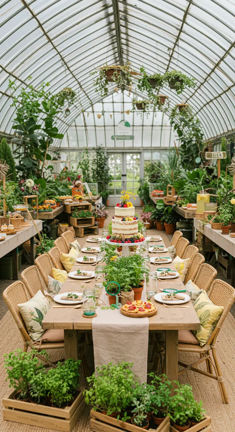 Fête d'anniversaire dans une serre luxuriante avec longue table en bois et chaises en rotin.