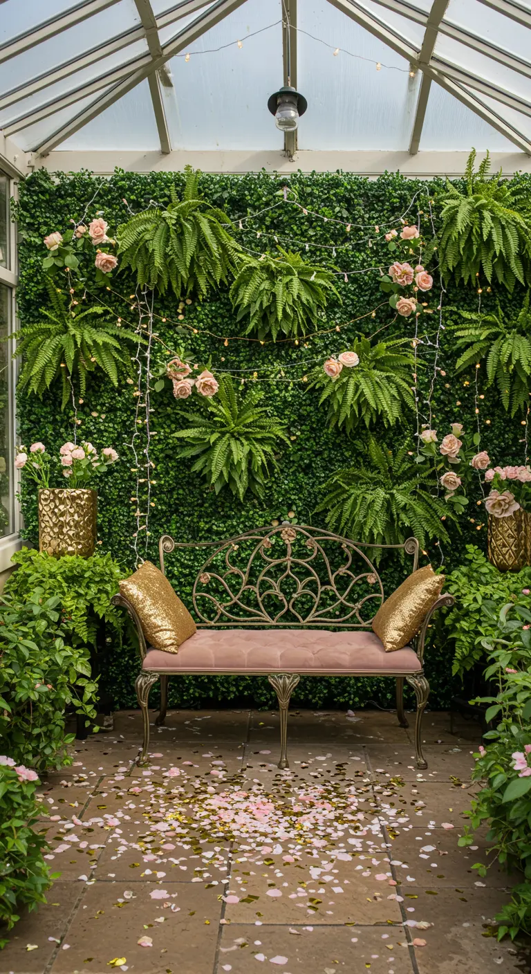 Photobooth dans une serre avec mur végétal, banc en fer forgé, coussins dorés et pétales de roses.