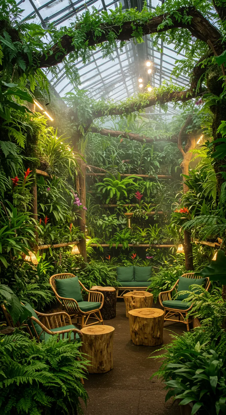 Lounge dans une serre luxuriante avec mobilier en rotin, tables en bois brut et une abondance de plantes tropicales.