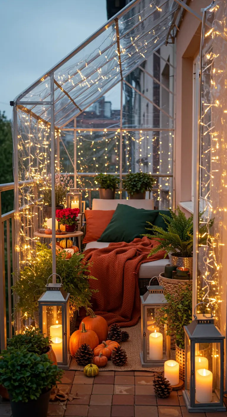 Balcon transformé en serre lumineuse avec guirlandes, fougères, chrysanthèmes, citrouilles et lanternes.