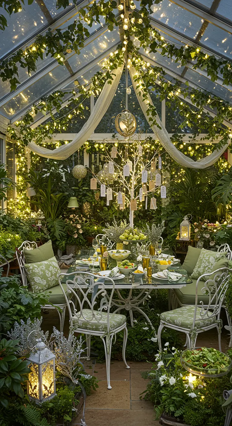 Une serre luxuriante décorée de guirlandes lumineuses, de plantes vertes et d'un arbre à vœux illuminé.