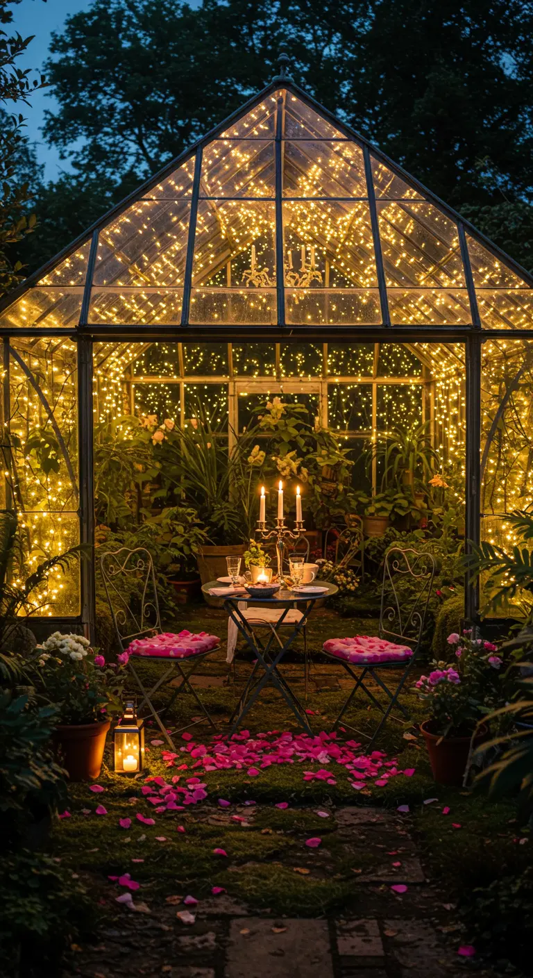 Petite table dans une serre entièrement recouverte de guirlandes la nuit.