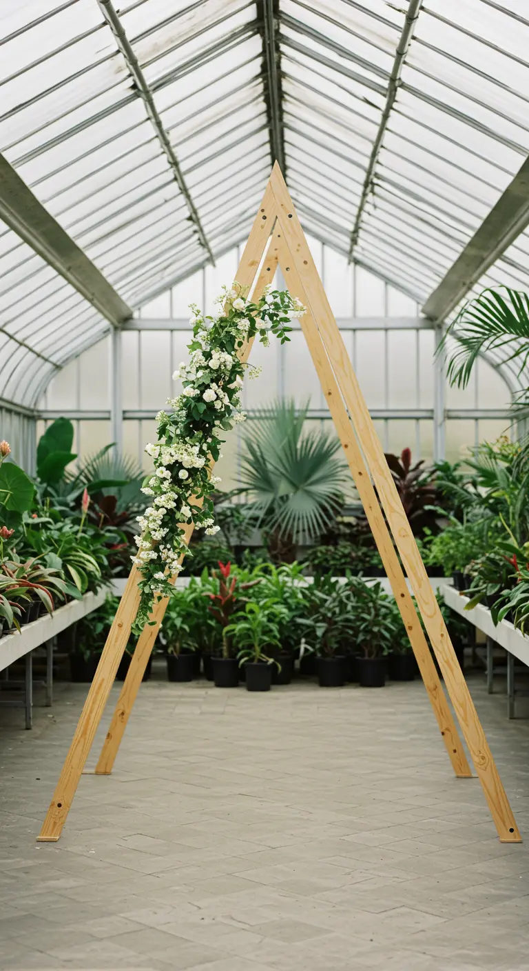 Arche en bois clair en forme de A avec une guirlande de fleurs blanches dans une serre.