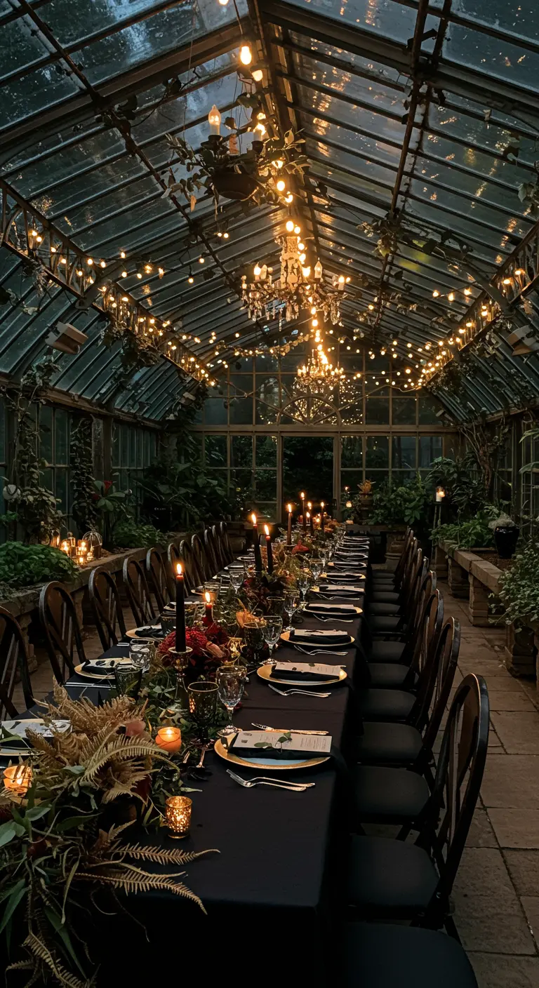 Longue table de dîner noire installée dans une serre illuminée de guirlandes.