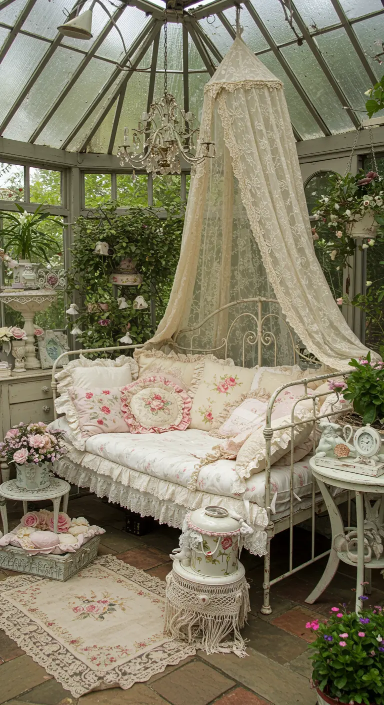 Lit de jour en fer forgé blanc dans une serre vintage