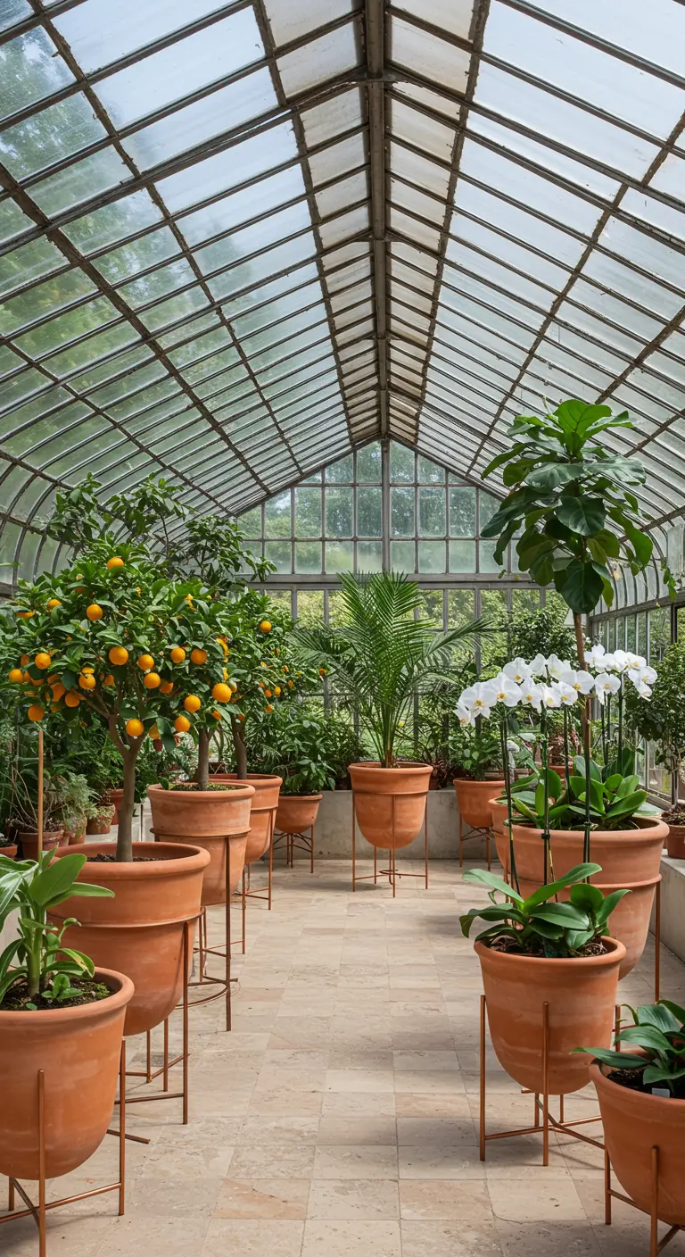 Serre remplie de plantes tropicales et d'agrumes dans des pots en terre cuite sur pieds