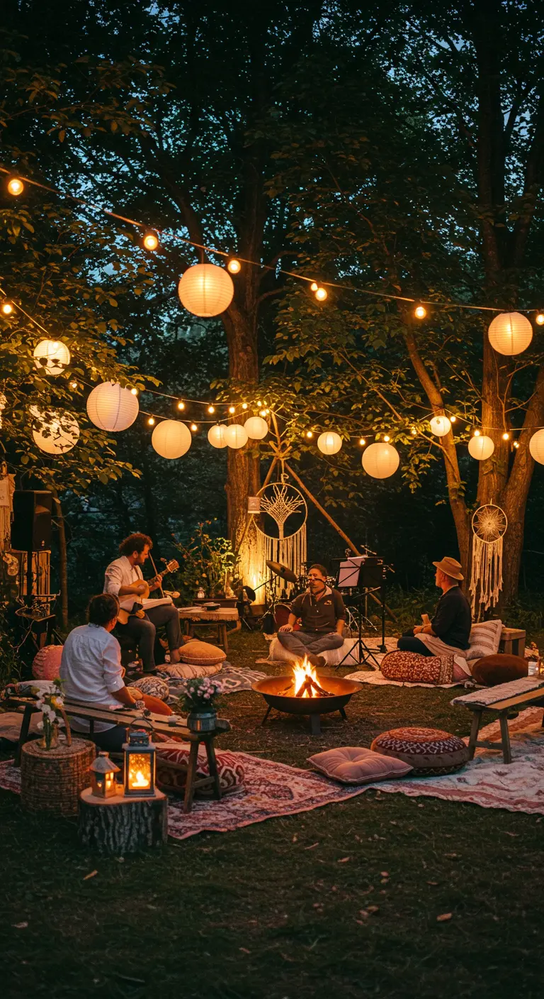 Groupe jouant de la guitare autour d'un feu de camp, sous des lampions.