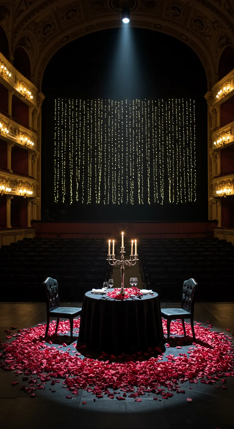 Table de dîner seule sur une scène de théâtre, sous un projecteur.