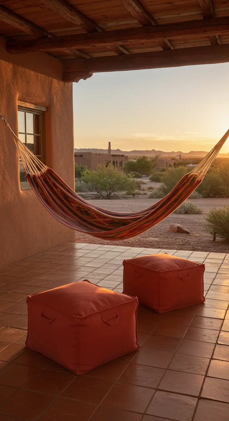 Hamac rayé et poufs orange sur une terrasse au coucher du soleil.