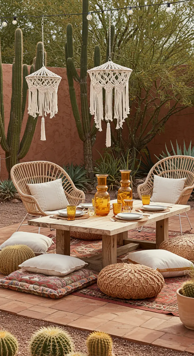 Table basse en bois entourée de coussins de sol et de décorations en macramé dans un jardin désertique.