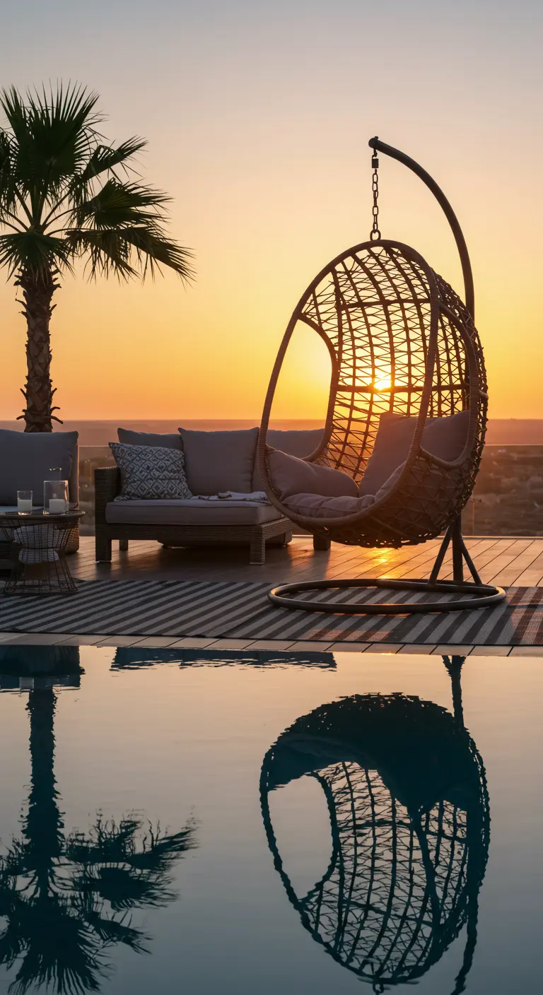 Fauteuil suspendu en rotin au bord d'une piscine au coucher du soleil.