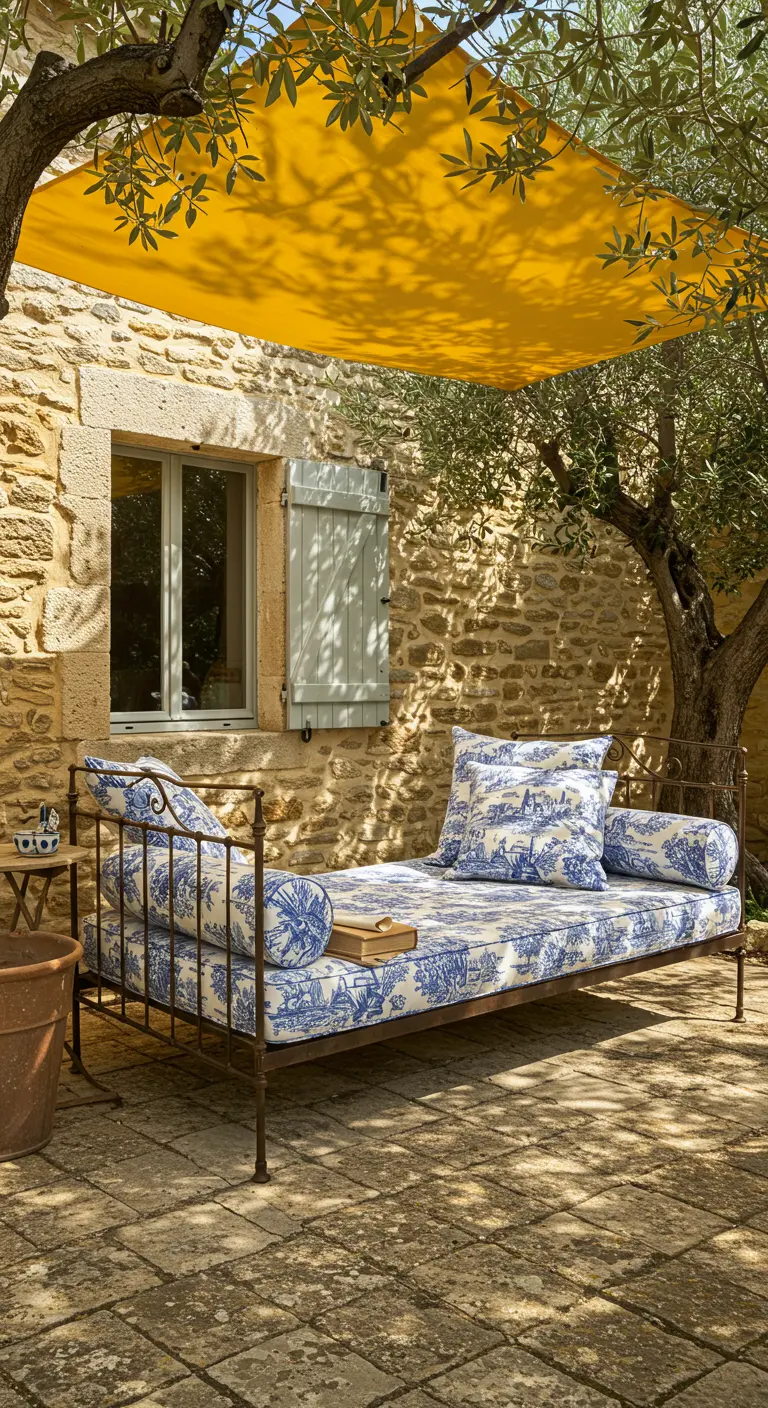 Lit de jour en fer forgé avec matelas en toile de Jouy