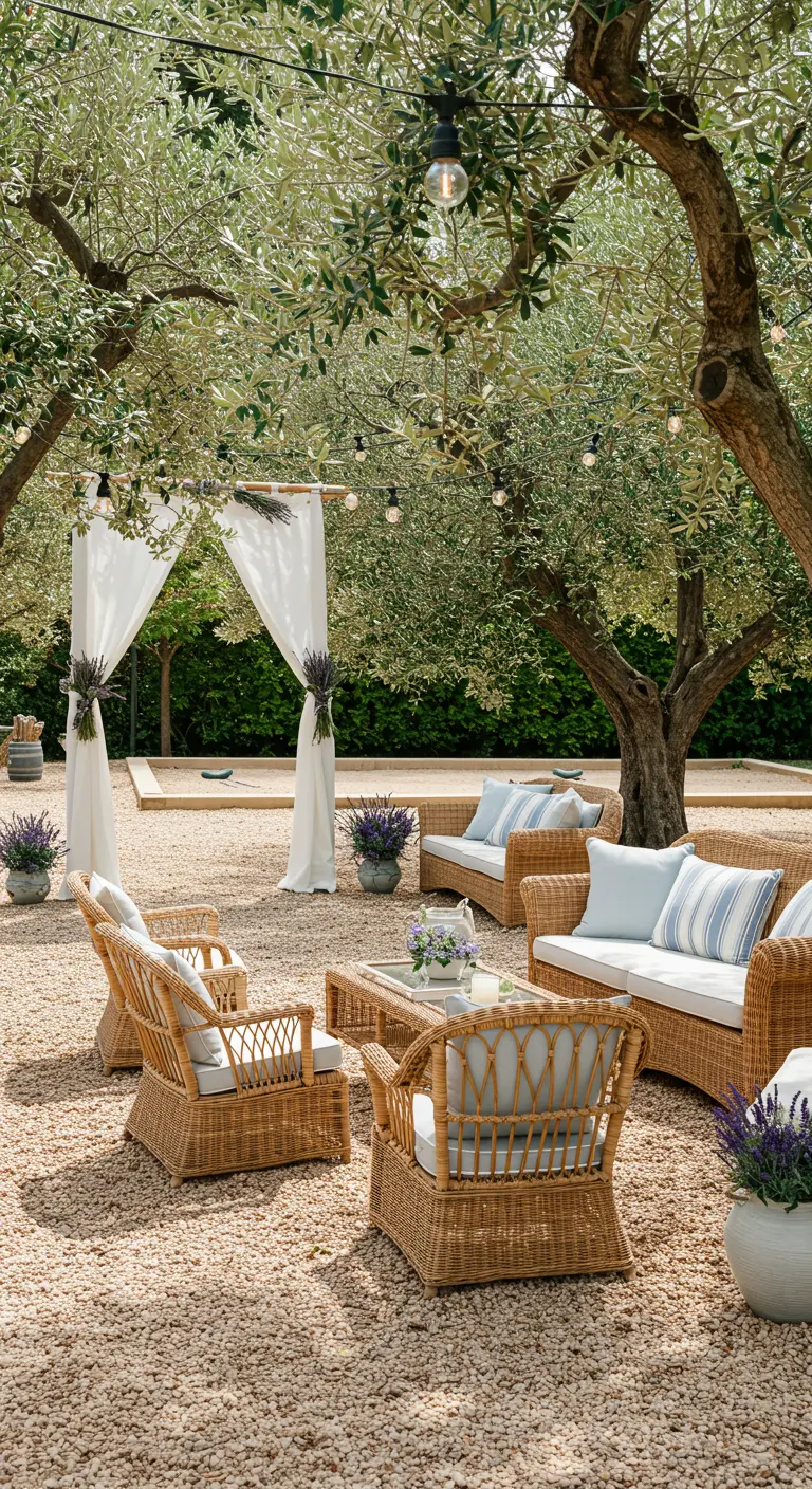 Salon de jardin en rotin sous des oliviers, avec des voilages blancs et des pots de lavande.