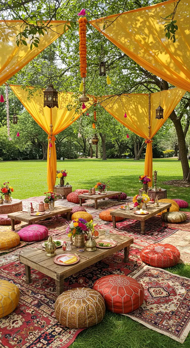 Pique-nique en plein air sous des voiles jaunes, avec des poufs colorés.