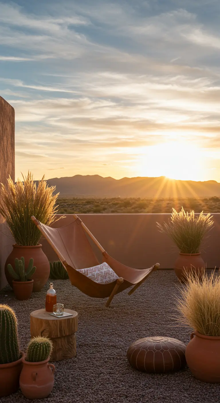 Fauteuil-hamac en cuir suspendu sur une terrasse désertique au coucher du soleil.