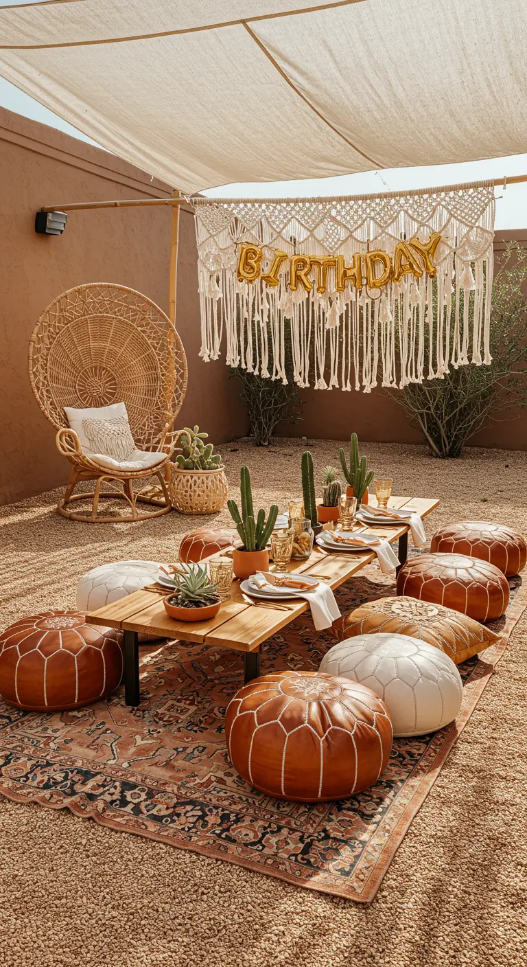 Ambiance d'anniversaire bohème d'inspiration désert avec poufs en cuir et cactus.