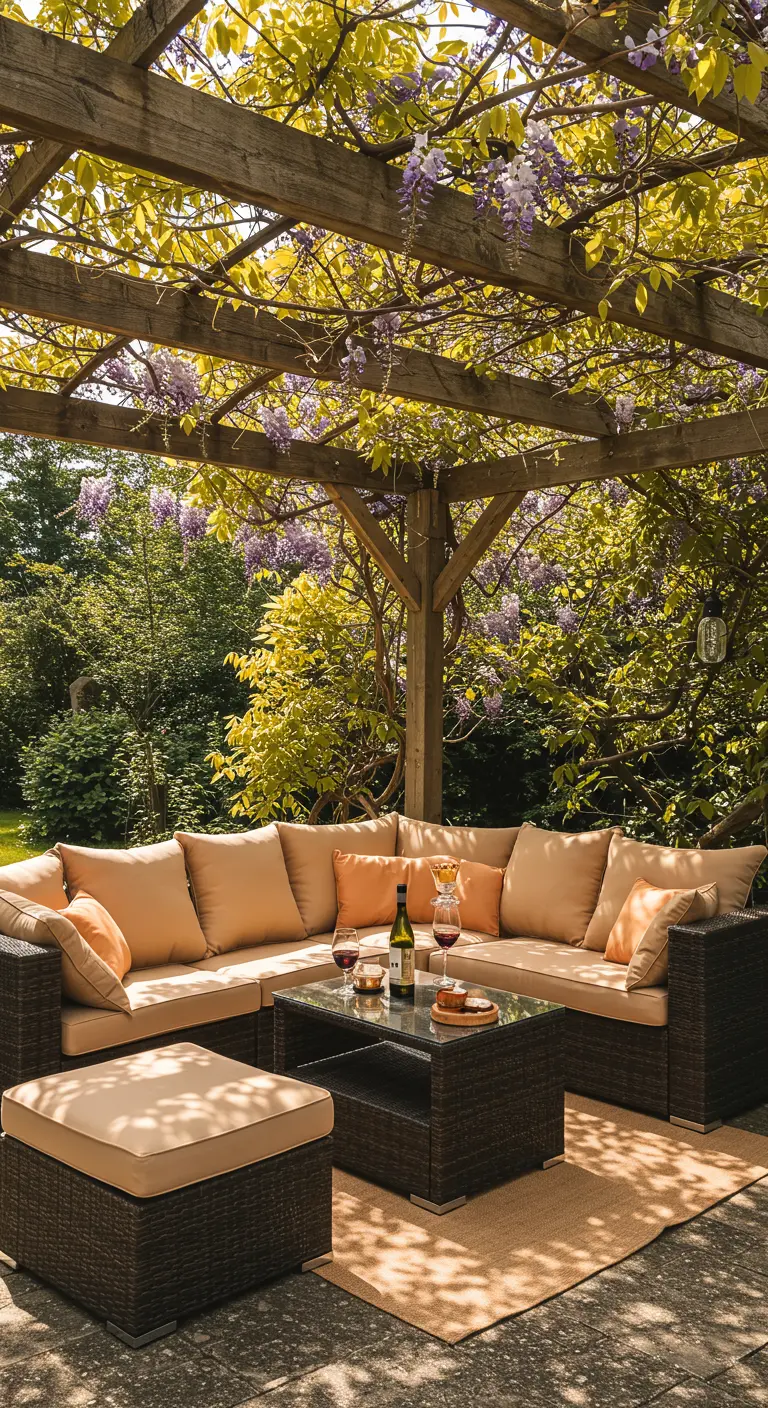 Grand salon d'angle en rotin sous une pergola en bois couverte de glycine, avec des coussins abricot.